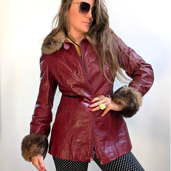 Vintage Red Leather Jacket Penny Lane Fur Trim Coat Grunge Boho Bomber Medium - Picture 2 of 12